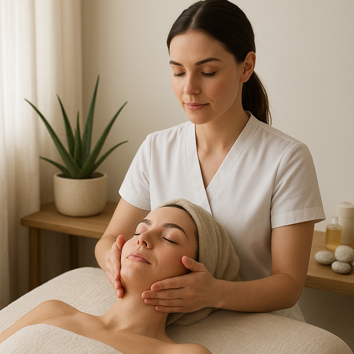 Especialista realizando un tratamiento de kinesiología estética facial a una paciente en un centro de estética en Mendoza.