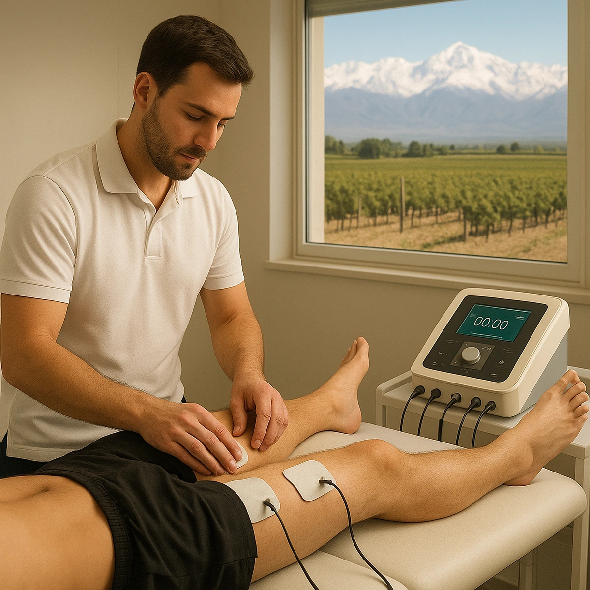 Kinesiólogo realizando tratamiento de electroestimulación con ondas rusas en un centro médico de Mendoza.