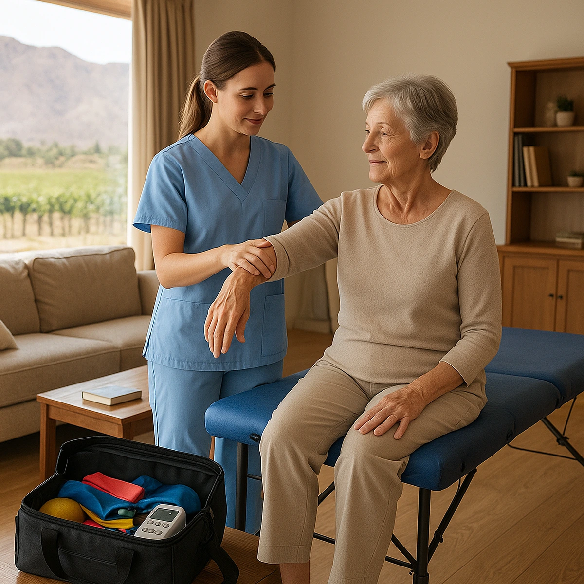 Kinesióloga a domicilio en Mendoza realizando una sesión de rehabilitación física y cuidado postural a una paciente anciana en su casa.