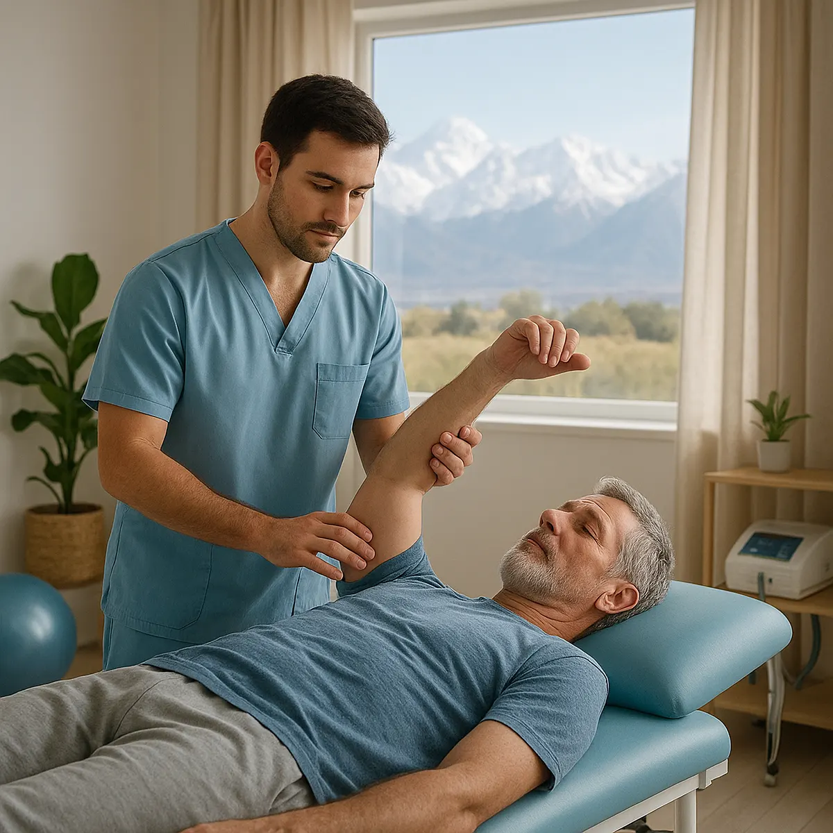 Kinesiólogo realizando sesión de rehabilitación física a un paciente en un centro médico de Mendoza.
