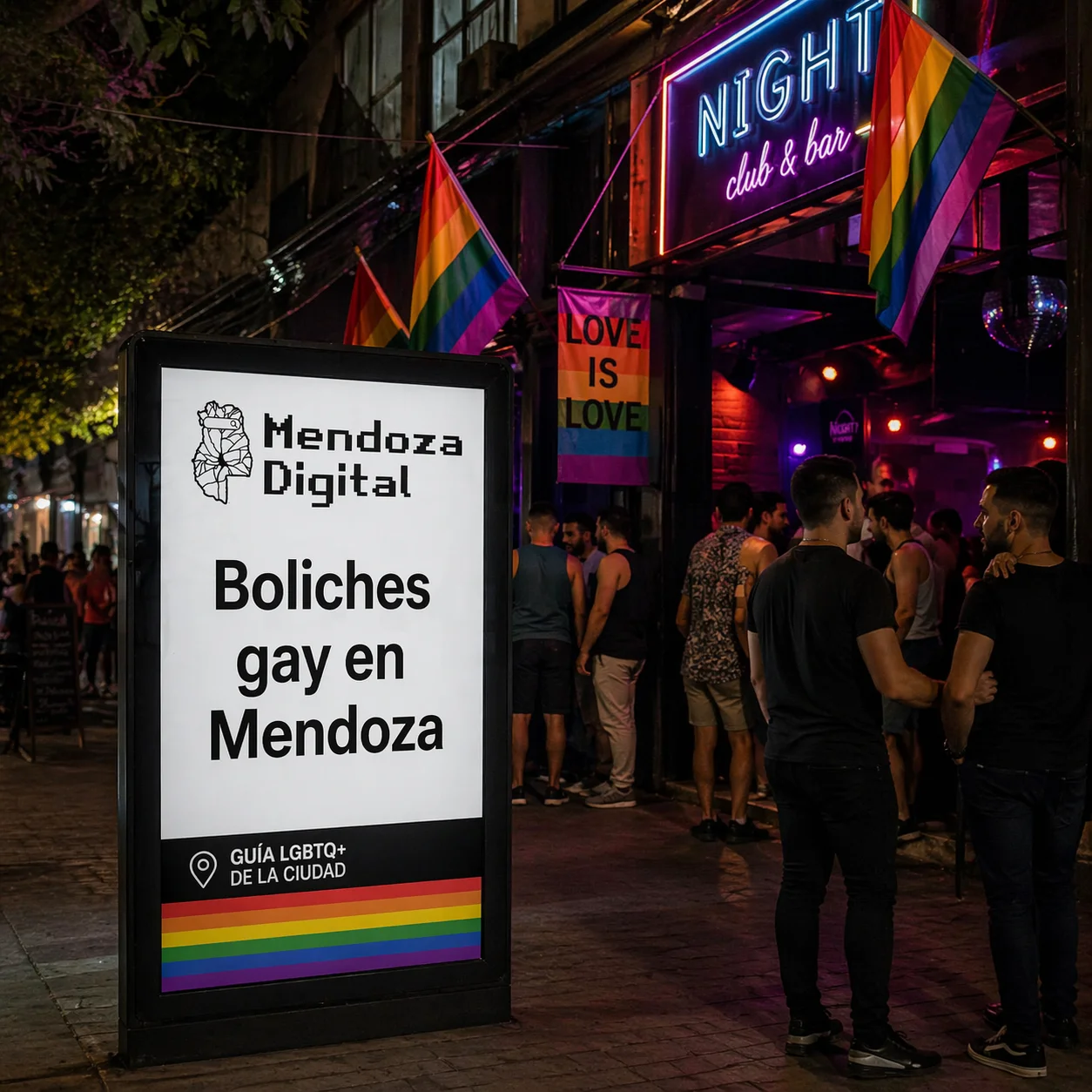 Entrada a un boliche gay en Mendoza con banderas del orgullo LGBT en la fachada