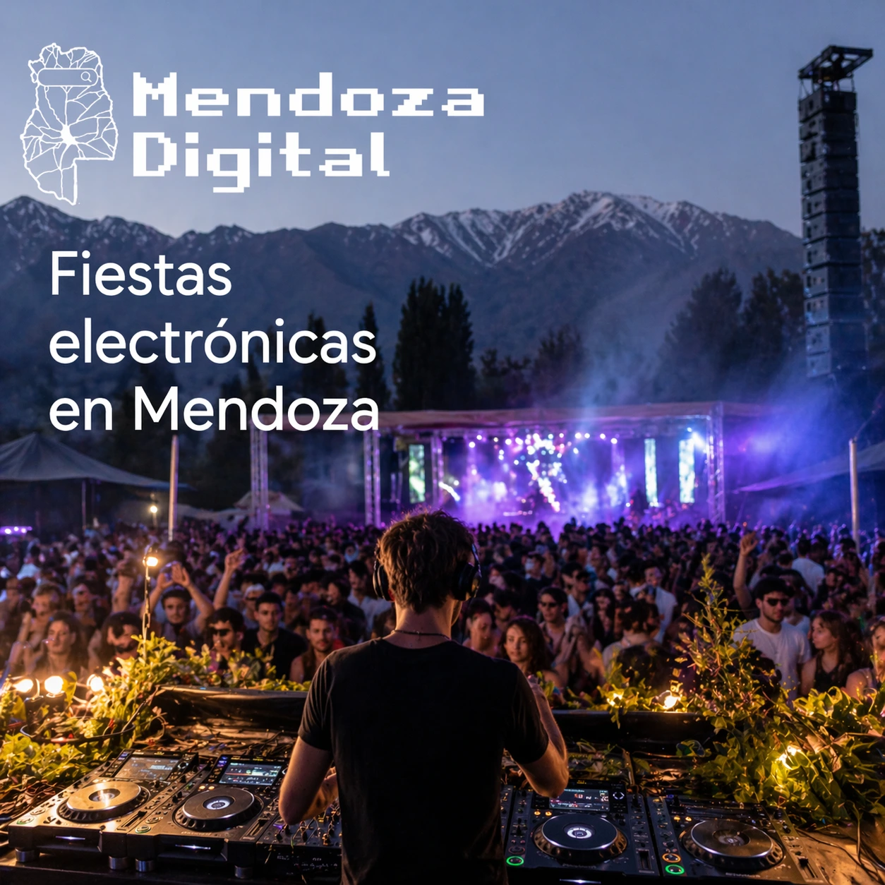 DJ tocando en una fiesta electrónica al aire libre en Mendoza con la cordillera de fondo