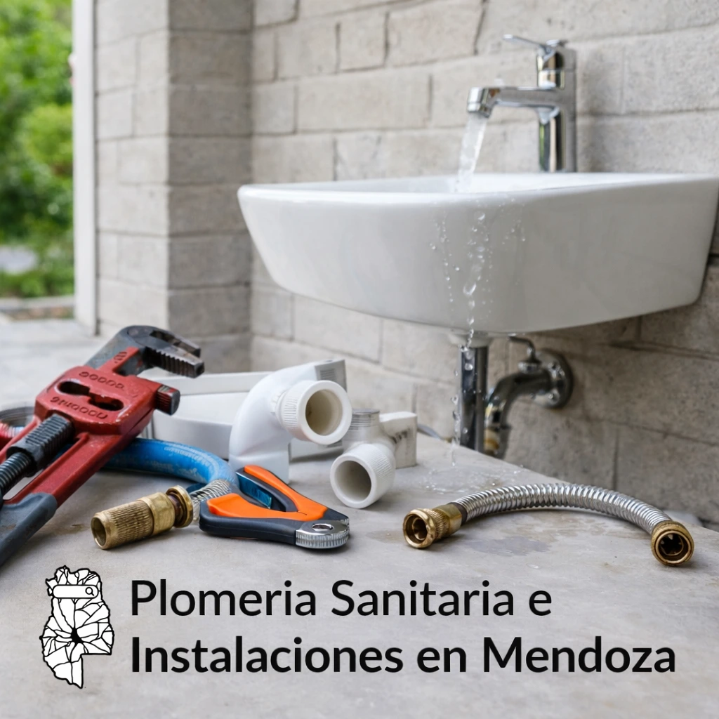 Materiales y herramientas de plomero junto a un lavamanos en un servicio de plomería sanitaria en Mendoza