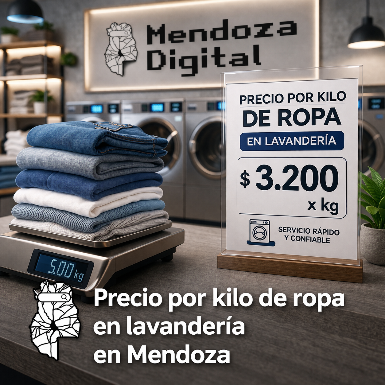 Ropa doblada sobre una balanza junto a un cartel de precio por kilo en una lavandería de Mendoza