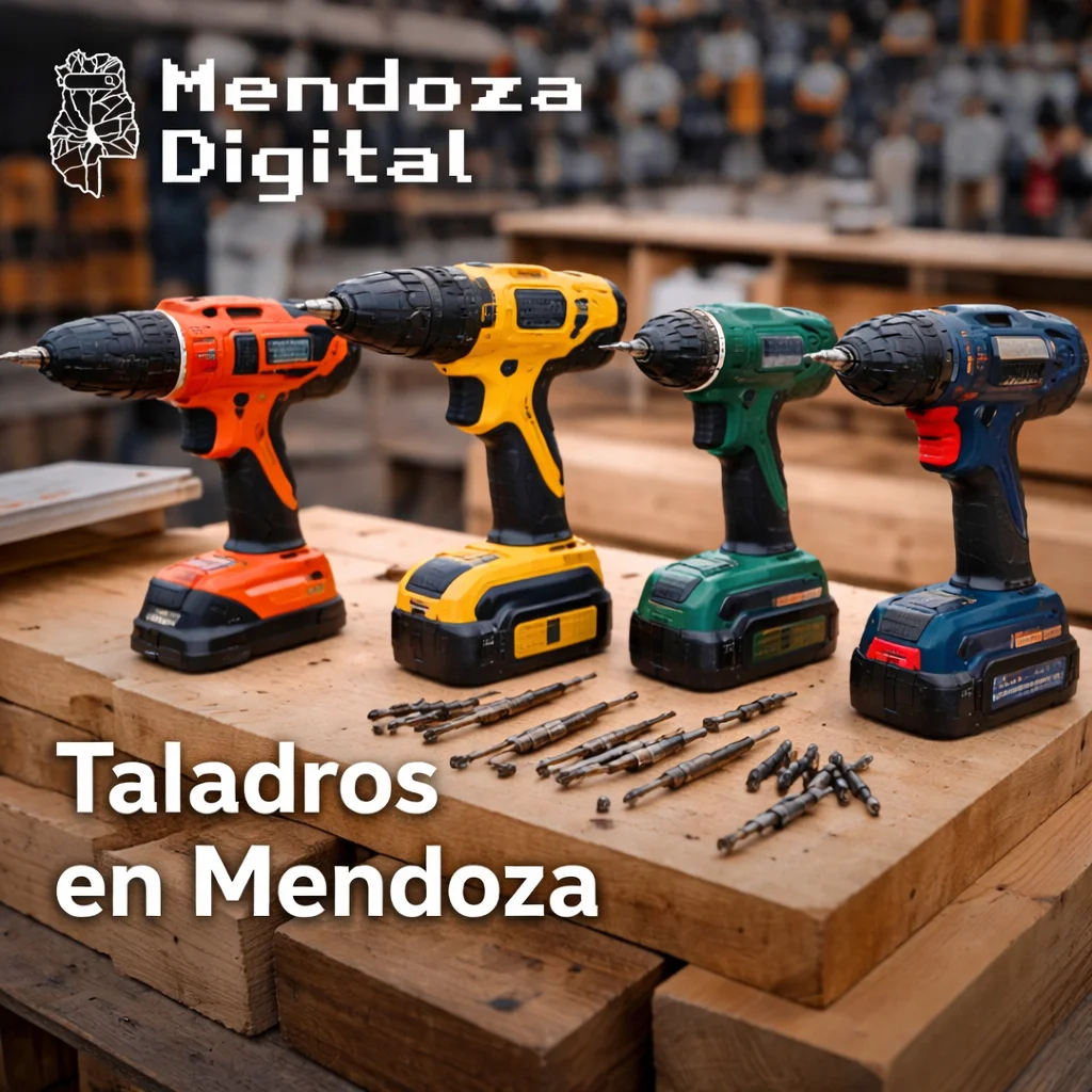 Línea de taladros inalámbricos de batería con mechas ordenadas sobre madera en Mendoza