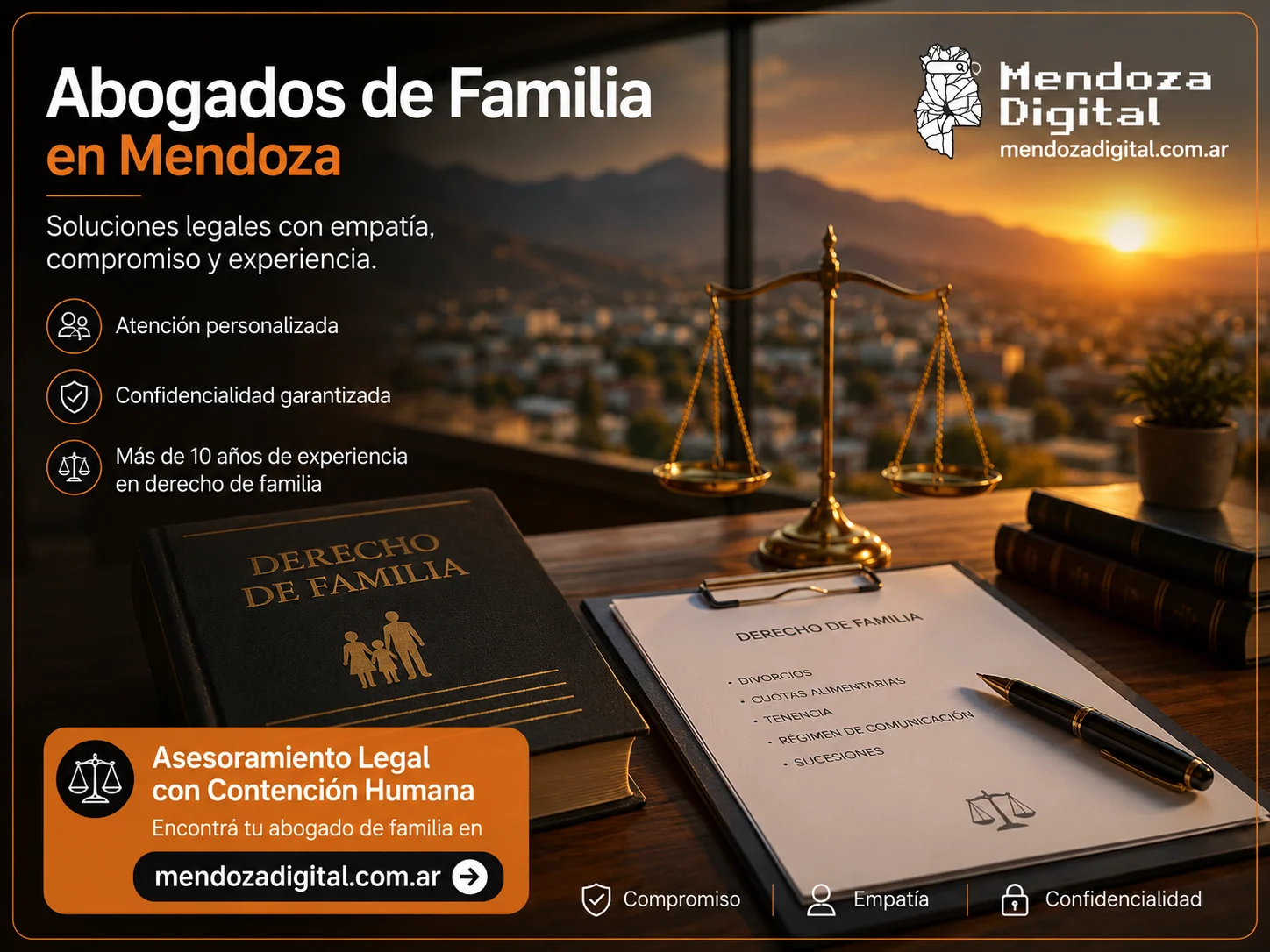 Escritorio de un estudio jurídico con un libro de derecho de familia, una carpeta con documentos sobre divorcios y cuotas alimentarias, una lapicera y una balanza de la justicia dorada frente a un ventanal con vistas a la Ciudad de Mendoza, junto a un texto informativo sobre el directorio de abogados de familia de Mendoza Digital.
