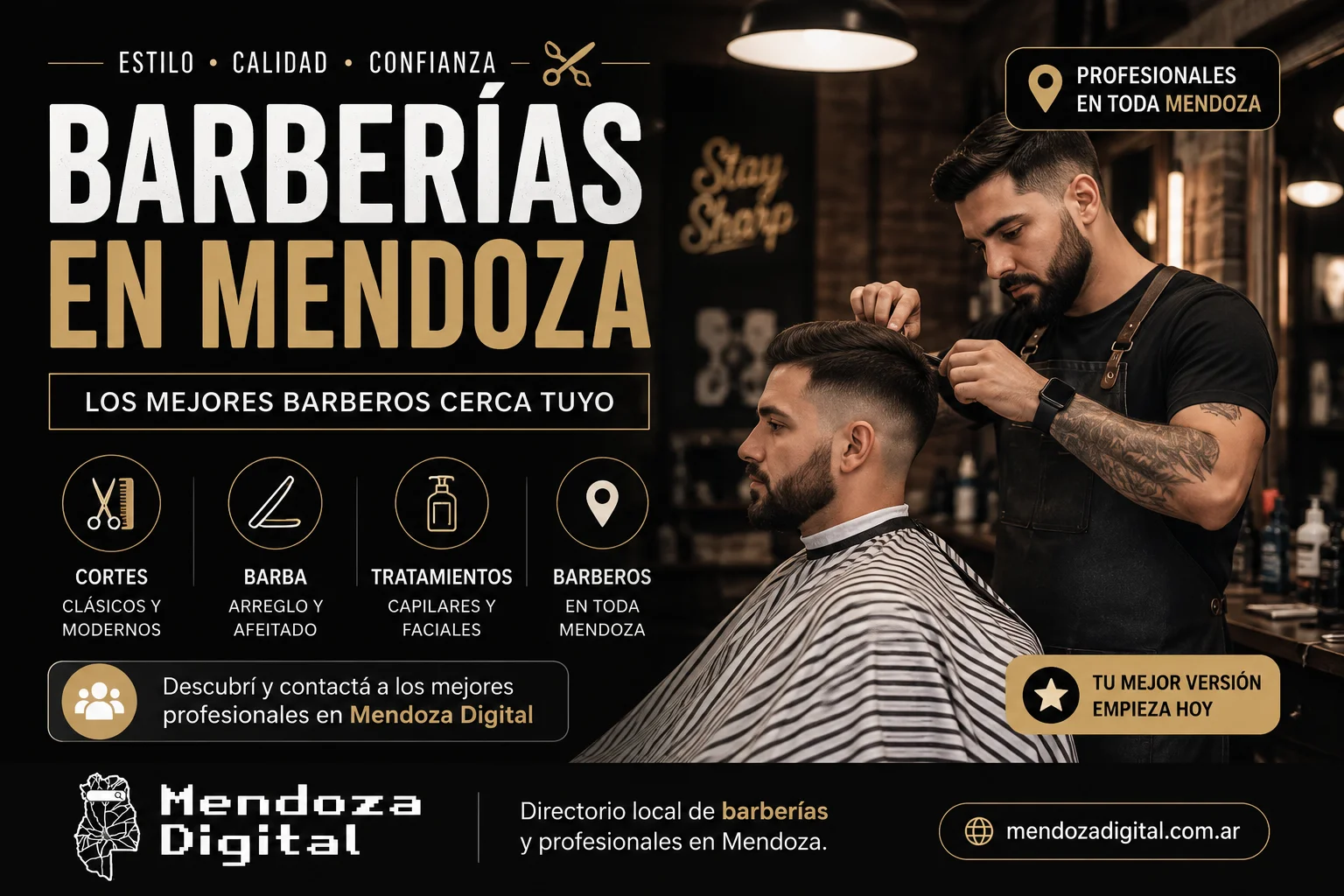 Un barbero profesional con delantal de cuero realiza un corte de cabello degradado a un cliente en una barbería moderna con estilo clásico y paredes de ladrillo visto, junto a un texto informativo sobre el directorio de barberías en Mendoza de Mendoza Digital.