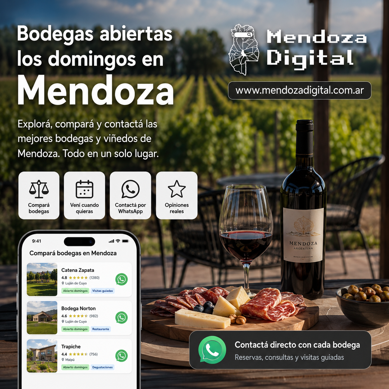 Copa y botella de vino tinto sobre una mesa de madera con una tabla de fiambres y quesos frente a un viñedo soleado, junto a un celular que muestra el listado de bodegas abiertas los domingos como Catena Zapata, Norton y Trapiche de Mendoza Digital.