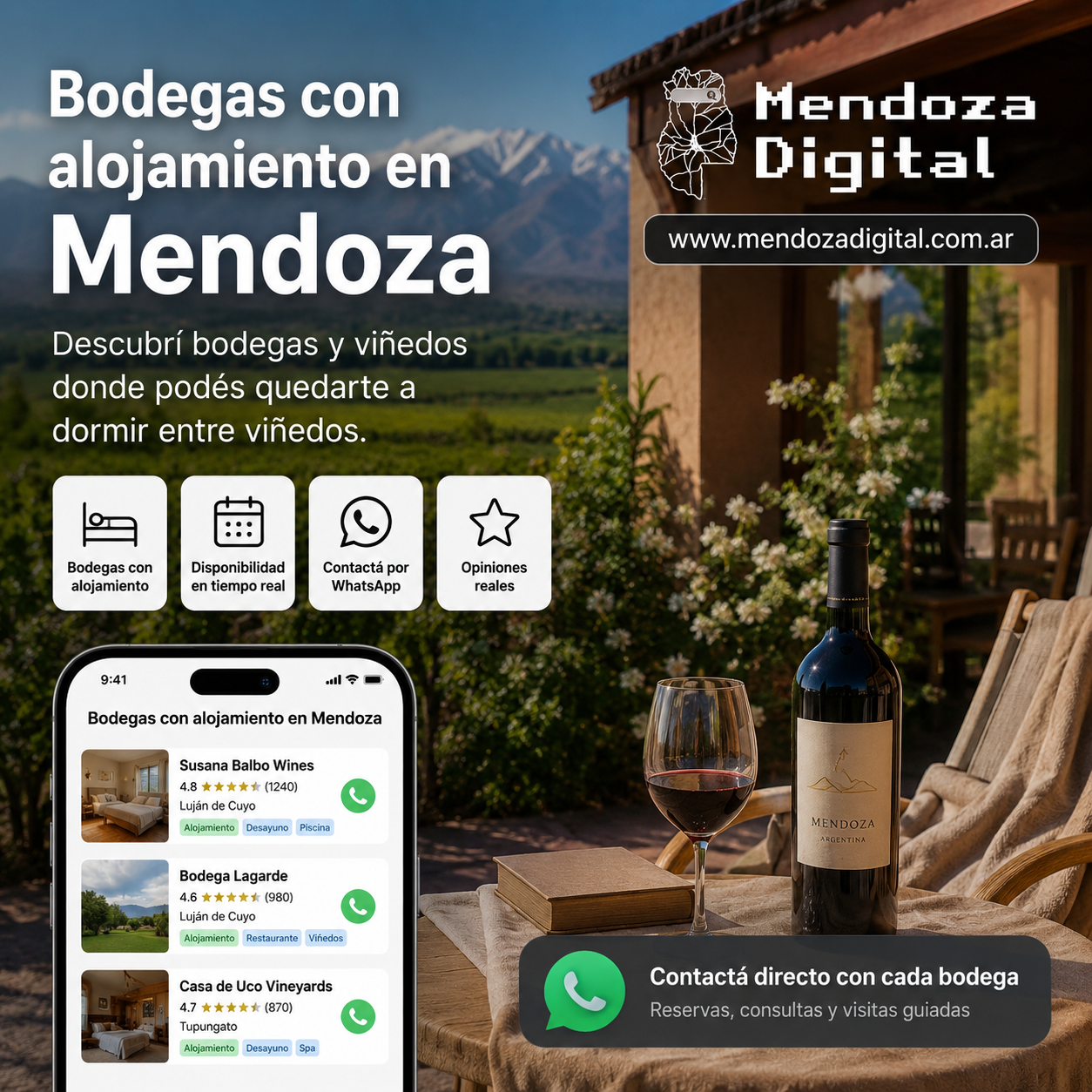Copa y botella de vino sobre una mesa exterior con reposeras de madera frente a viñedos y una galería rústica con la cordillera de fondo, junto a un celular que muestra el directorio de bodegas con alojamiento como Susana Balbo, Lagarde y Casa de Uco de Mendoza Digital.