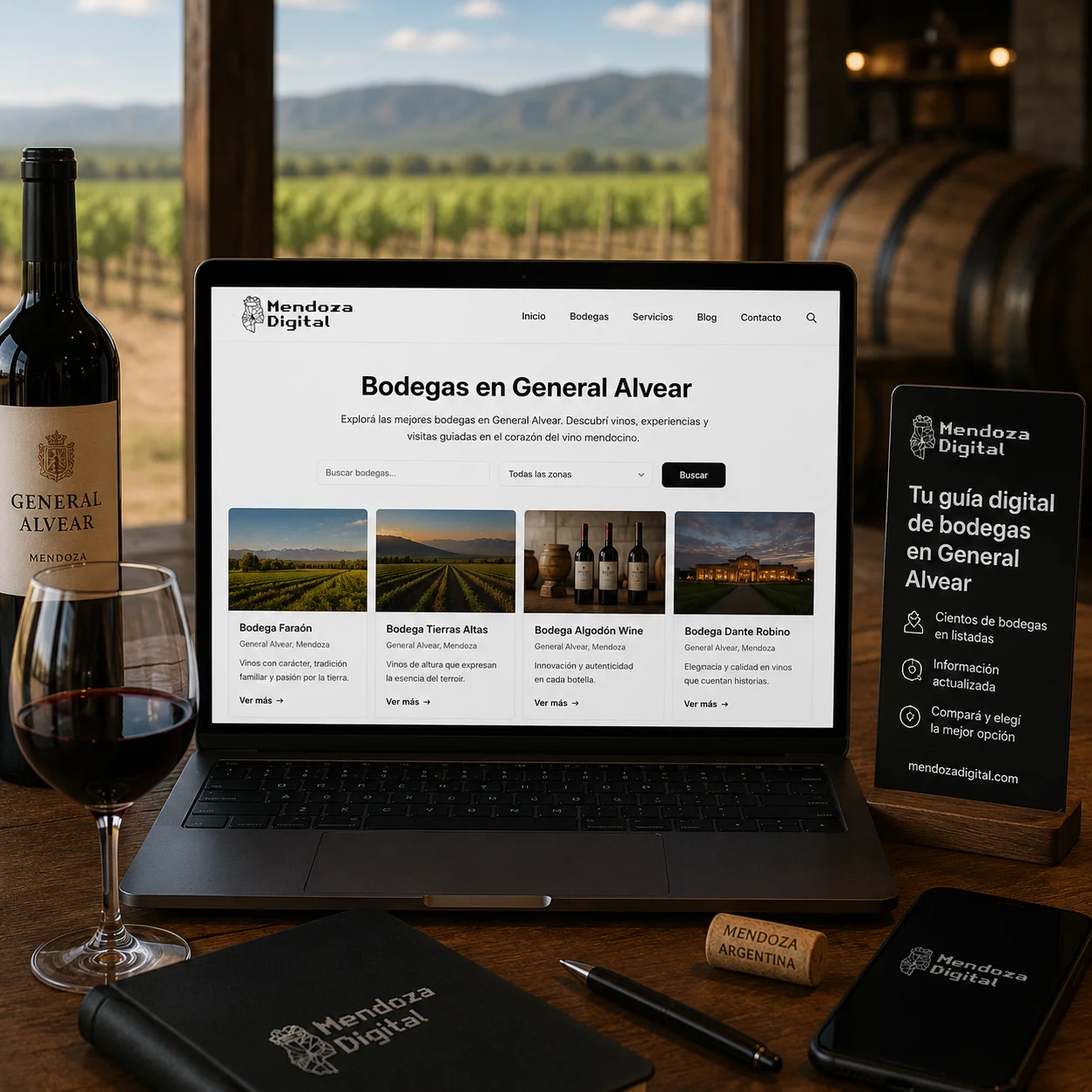 Botella de Malbec y copa de vino tinto sobre un escritorio de madera frente a un ventanal con vistas a viñedos soleados, enmarcando una computadora y un celular que muestran el buscador con fichas de establecimientos locales, ideal para ilustrar el directorio de bodegas en General Alvear de Mendoza Digital.