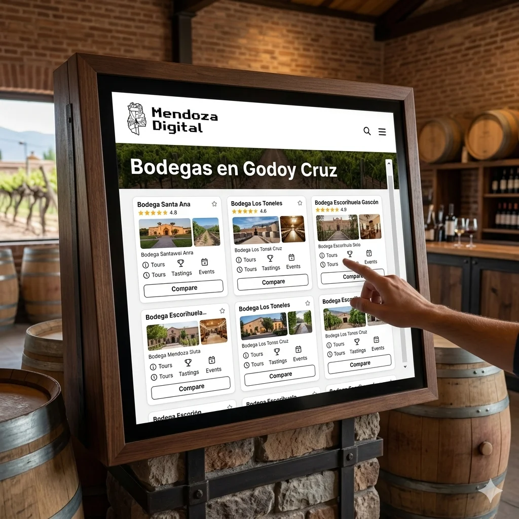 Una mano interactuando con una pantalla digital táctil enmarcada en madera que muestra un listado comercial dentro de una cava con barricas de roble y paredes de ladrillo, ideal para ilustrar el directorio de bodegas en Godoy Cruz de Mendoza Digital.