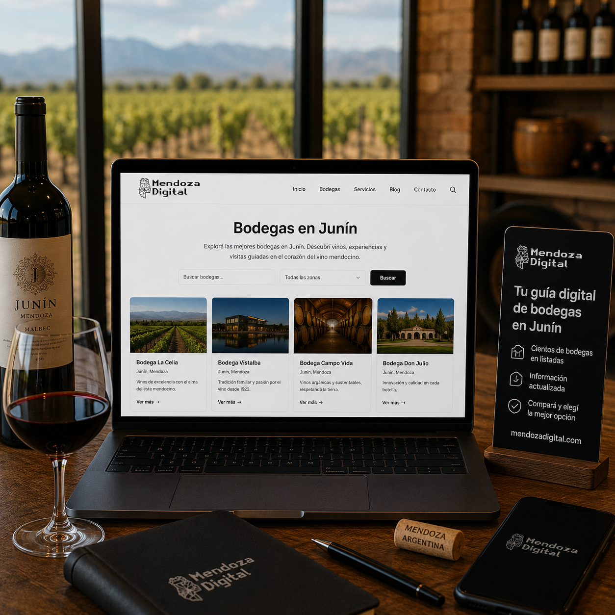 Botella de Malbec y copa de vino tinto sobre un escritorio frente a un ventanal con vistas a viñedos soleados, enmarcando las pantallas de una computadora y un celular que muestran fichas informativas de establecimientos locales, ideal para ilustrar el directorio de bodegas en Junín de Mendoza Digital.