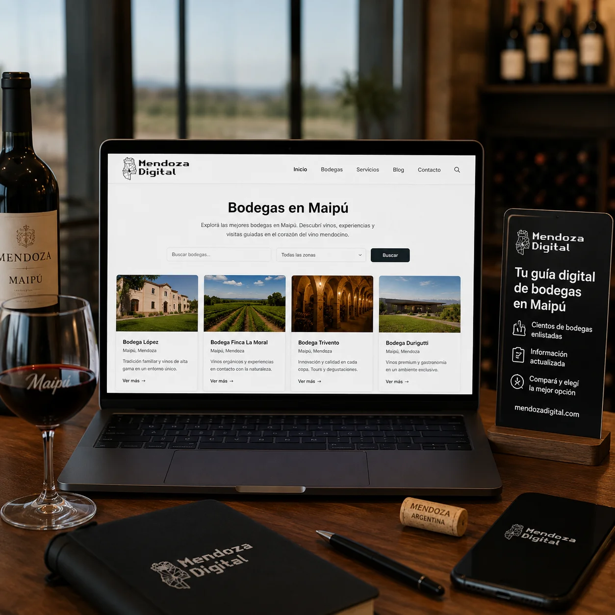 Botella de Malbec y copa de vino tinto sobre un escritorio de madera frente a un ventanal con vistas a extensos viñedos, enmarcando una computadora y un celular que muestran el buscador con fichas de establecimientos locales, ideal para ilustrar el directorio de bodegas en Maipú de Mendoza Digital.