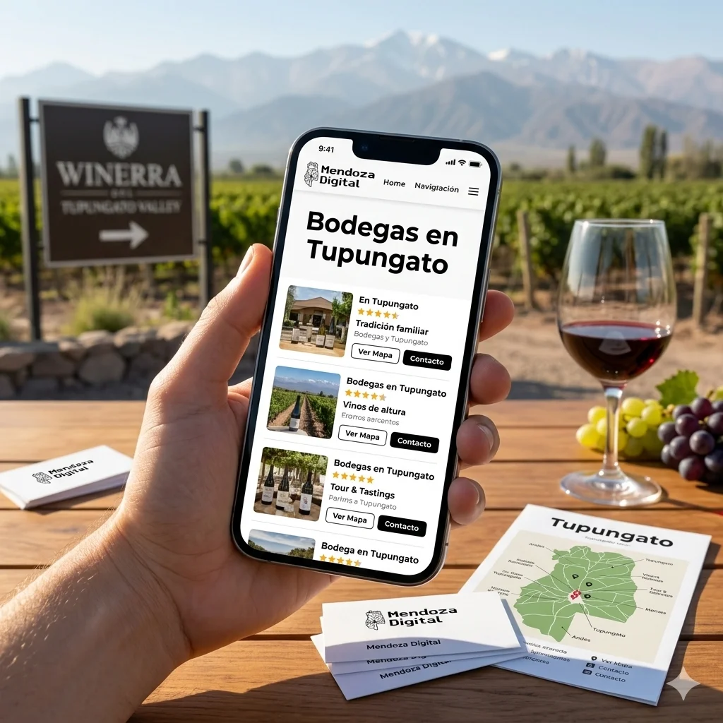 Una mano sosteniendo un teléfono celular que muestra fichas informativas de establecimientos locales, junto a una copa de vino tinto y racimos de uvas sobre una mesa frente a viñedos y montañas, ideal para ilustrar el directorio de bodegas en Tupungato de Mendoza Digital.