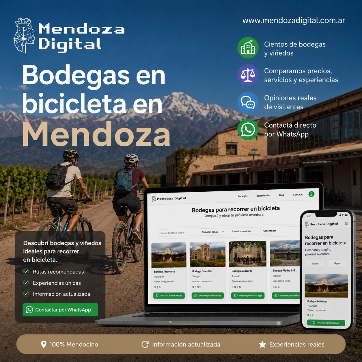 Dos ciclistas con equipo de montaña observando un viñedo real junto al camino, enmarcando una computadora y un celular que muestran el buscador web de bodegas para recorrer en bicicleta con opciones de contacto directo, junto al isotipo de Mendoza Digital.