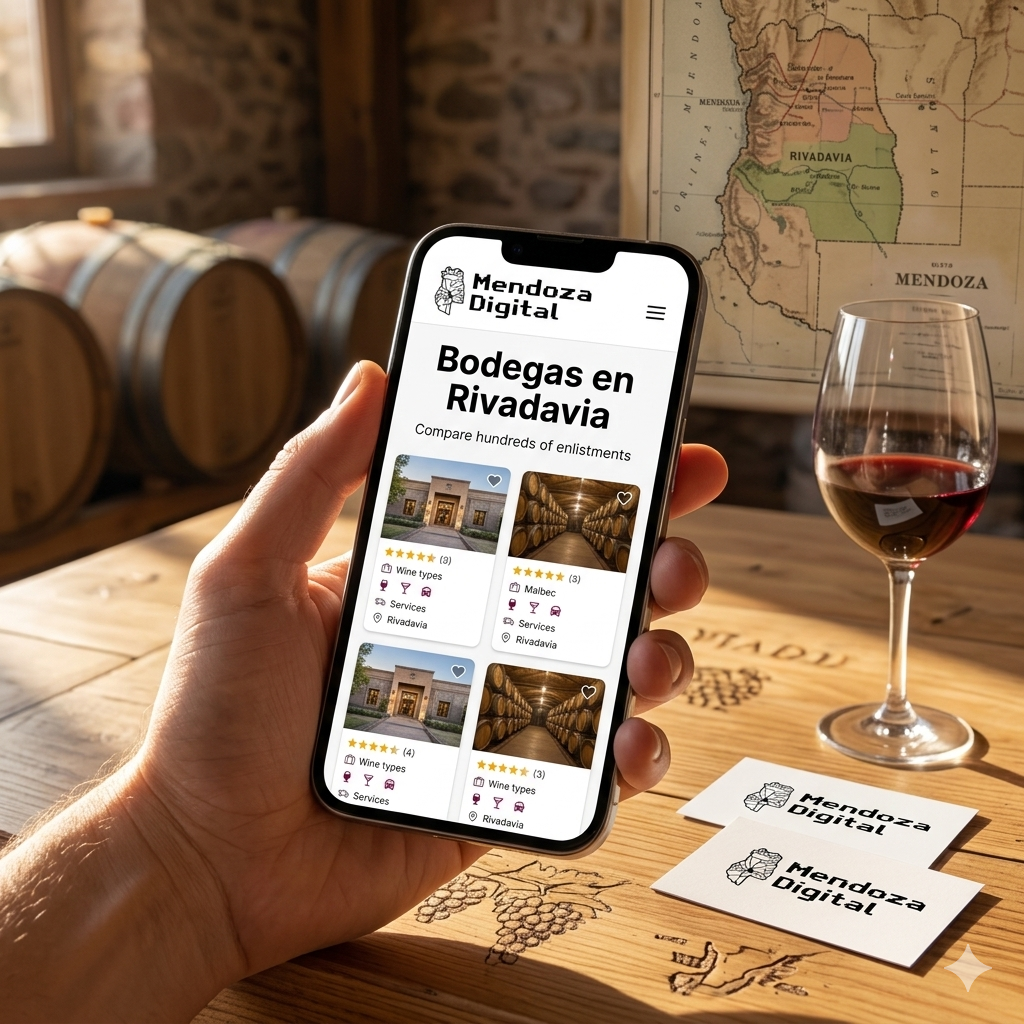 Una mano sosteniendo un teléfono celular que muestra fichas informativas de establecimientos locales, junto a una copa de vino tinto sobre una mesa de madera rústica y barricas de fondo, ideal para ilustrar el directorio de bodegas en Rivadavia de Mendoza Digital.