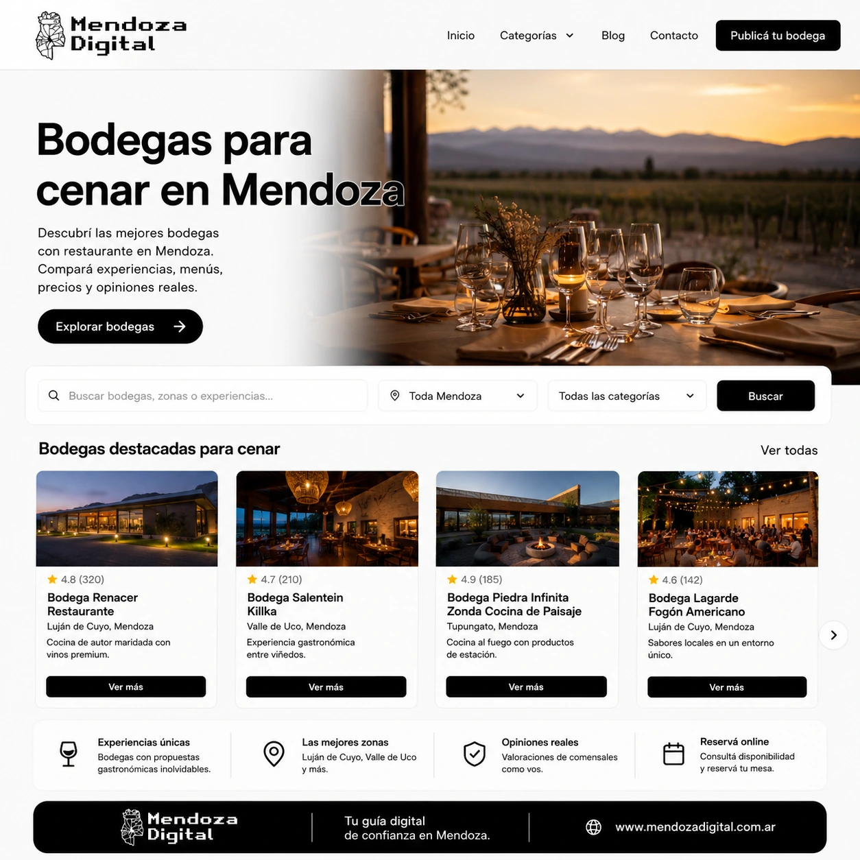 Interior iluminado de un exclusivo restaurante nocturno con mesas y copas frente a los viñedos, mostrando las fichas de los restaurantes Renacer, Salentein, Piedra Infinita y Lagarde, ideal para ilustrar el directorio de bodegas para cenar en Mendoza de Mendoza Digital.