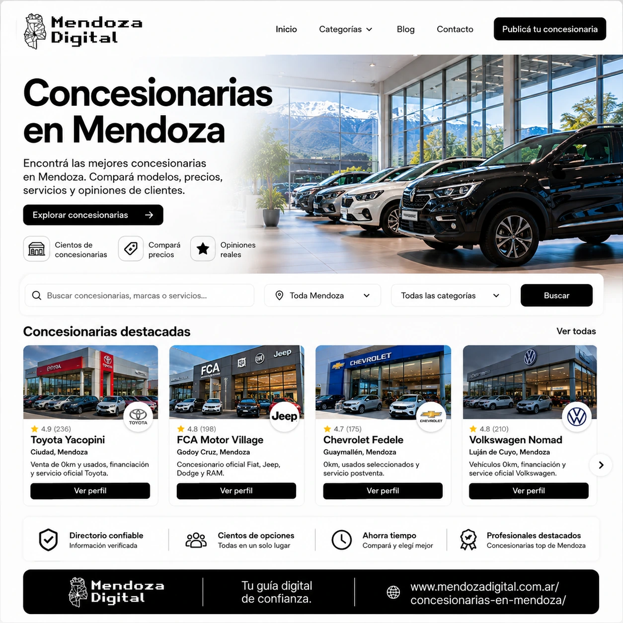 Salón de exposición vidriado con camionetas y autos nuevos frente a la precordillera mendocina, mostrando dispositivos digitales con fichas de agencias automotrices locales, ideal para ilustrar el directorio de concesionarias en Mendoza de Mendoza Digital.