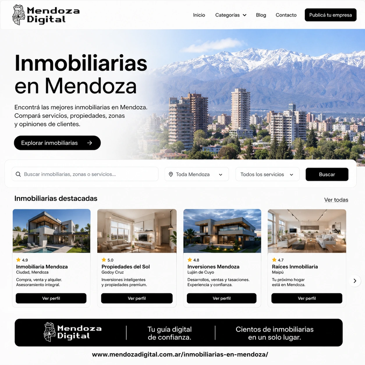 Vista aérea realista de la Ciudad de Mendoza con sus edificios y la cordillera nevada de fondo, mostrando dispositivos digitales con fichas de agencias inmobiliarias locales, ideal para ilustrar el directorio de inmobiliarias en Mendoza de Mendoza Digital.