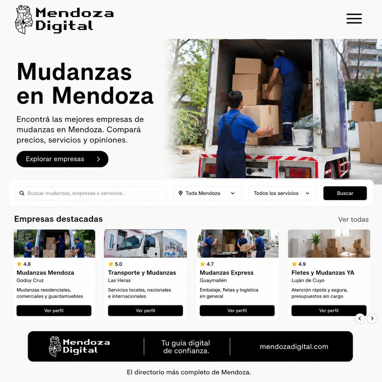 Dos operarios con uniforme cargando cajas de cartón en la parte trasera de un camión de transporte blanco frente a edificios residenciales, ideal para ilustrar el directorio de mudanzas en Mendoza de Mendoza Digital.