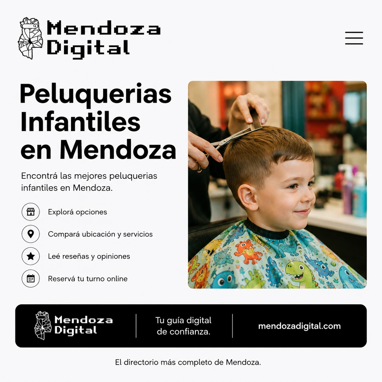 Niño sonriente con una capa infantil de dinosaurios mientras le cortan el cabello con tijeras en un salón estilista adaptado, ideal para ilustrar el directorio de peluquerías infantiles en Mendoza de Mendoza Digital.