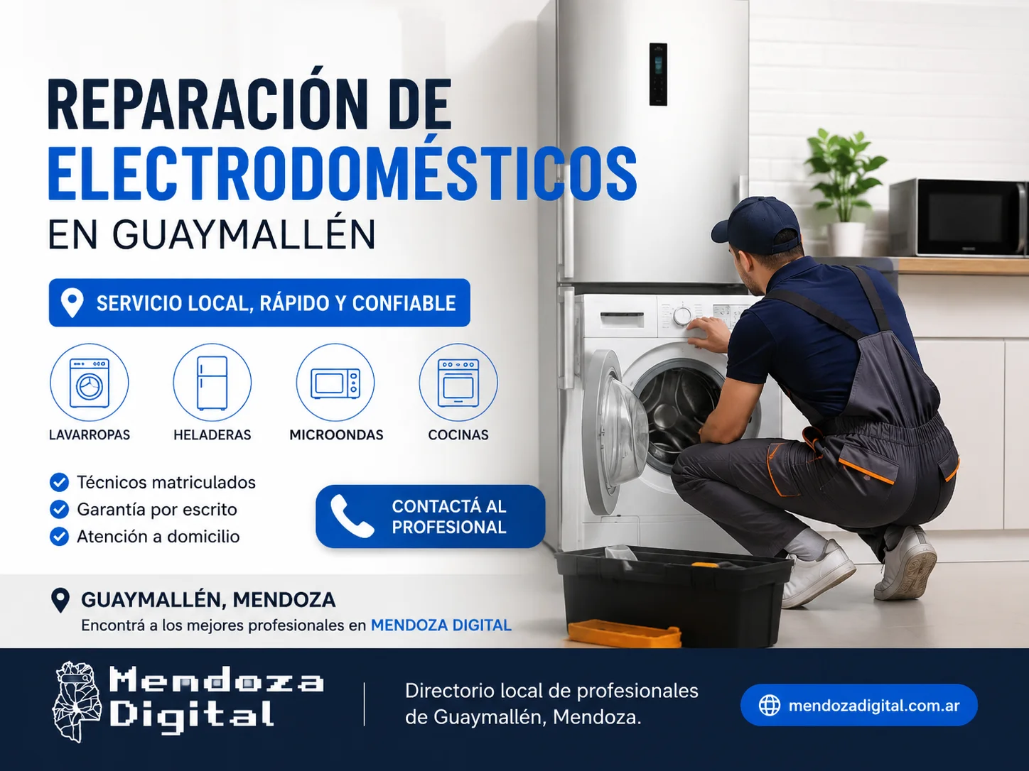 Técnico matriculado con gorra y uniforme de trabajo revisando un lavarropas de carga frontal abierto junto a una heladera y un microondas en una cocina, acompañado de un texto informativo sobre el directorio de reparación de electrodomésticos en Guaymallén de Mendoza Digital.