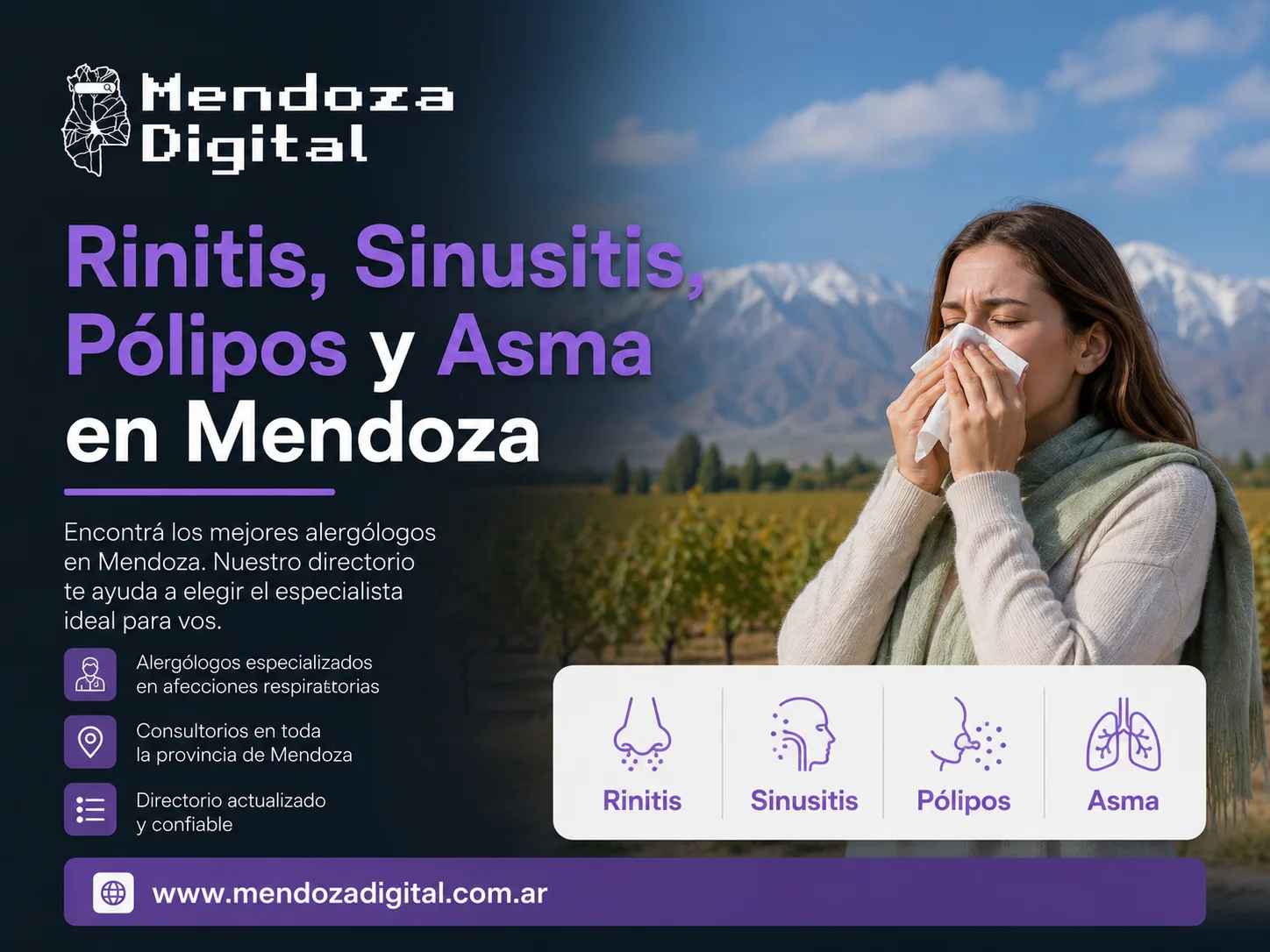 Mujer estornudando en un pañuelo ante un paisaje de viñedos y montañas en Mendoza, junto a un texto informativo sobre el directorio de alergólogos especialistas en rinitis, sinusitis, pólipos y asma de Mendoza Digital.