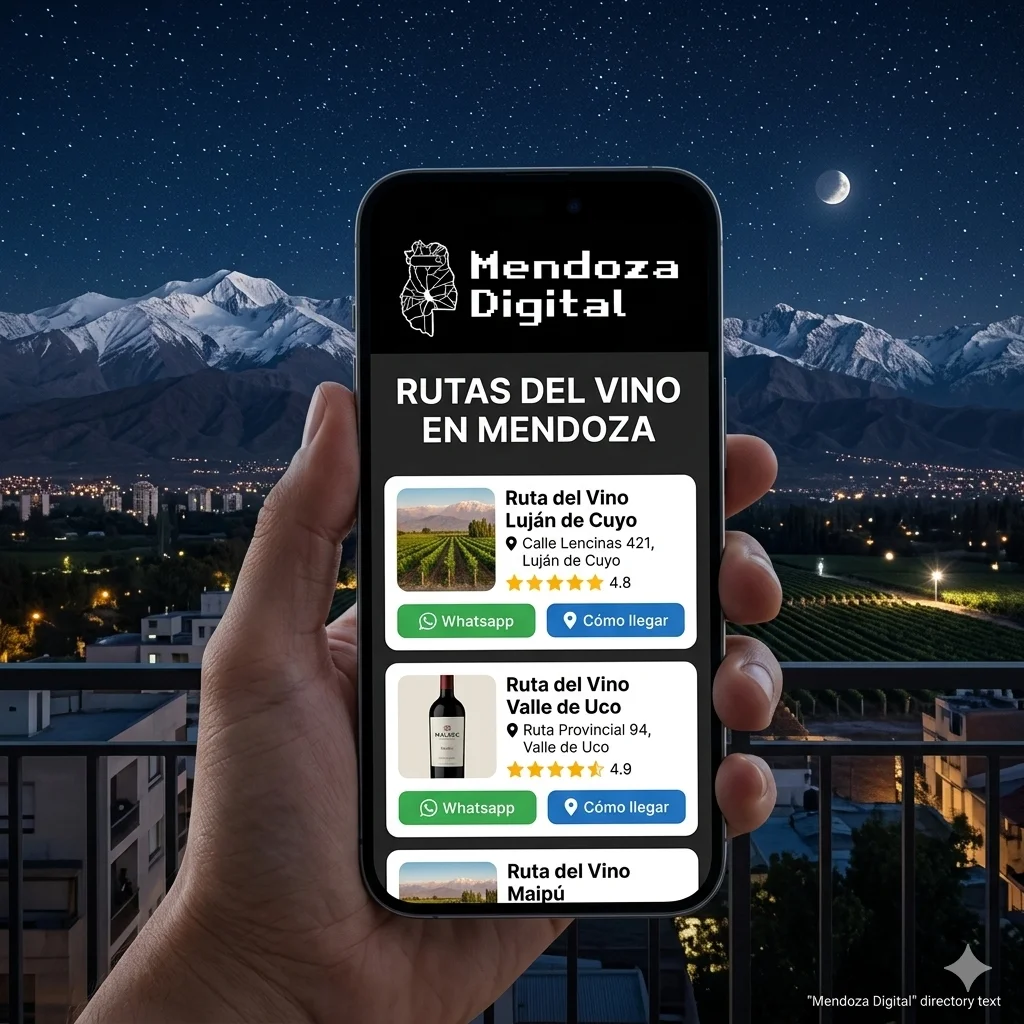 Una mano sosteniendo un teléfono celular que muestra un mapa de itinerarios enoturísticos frente a un paisaje nocturno de viñedos iluminados, la ciudad y montañas nevadas bajo la luna, ideal para ilustrar la sección de rutas del vino en Mendoza de Mendoza Digital.