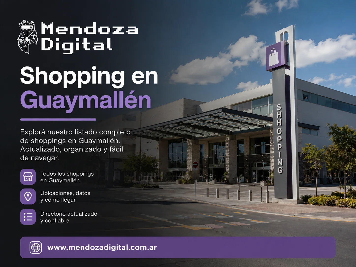Entrada principal del Mendoza Shopping en Guaymallén a plena luz del día, con su marquesina techada, rampa de acceso para vehículos y un gran tótem publicitario en primer plano, junto a un texto informativo sobre el directorio de centros comerciales de Mendoza Digital.