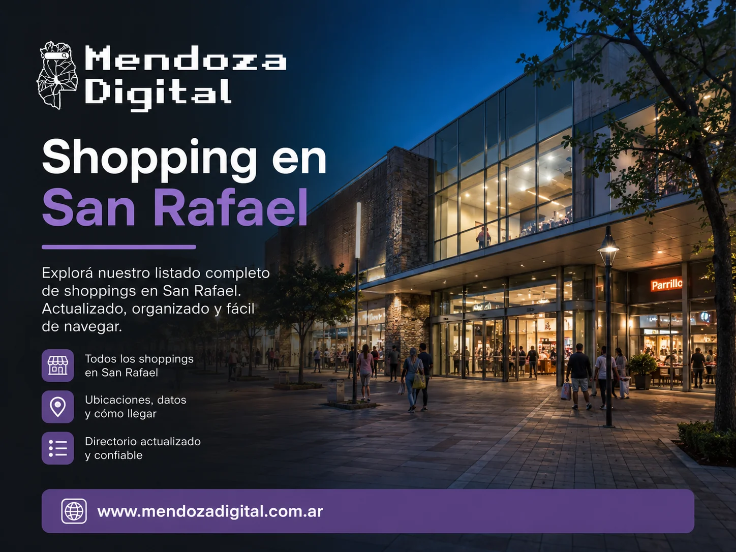 Paseo peatonal exterior de un shopping en San Rafael al atardecer, destacando una fachada moderna con paredes de piedra, grandes ventanales iluminados y el cartel de un local gastronómico, junto a un texto informativo sobre el directorio de centros comerciales de Mendoza Digital.