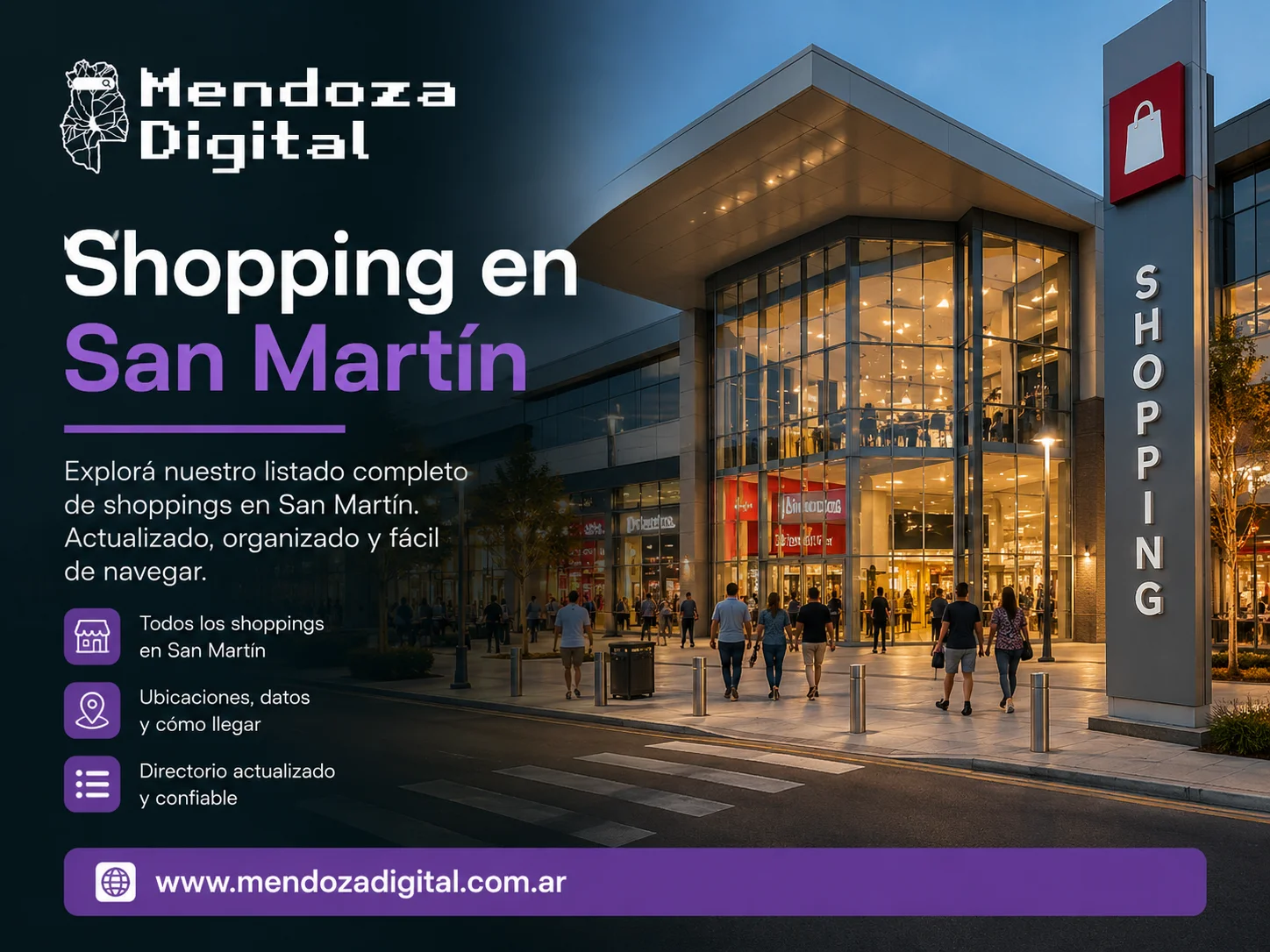 Entrada principal iluminada de un moderno shopping de dos niveles en el departamento de San Martín al atardecer, con peatones cruzando hacia la fachada vidriada y un gran tótem publicitario a la derecha, junto a un texto informativo sobre el directorio de paseos de compras de Mendoza Digital.