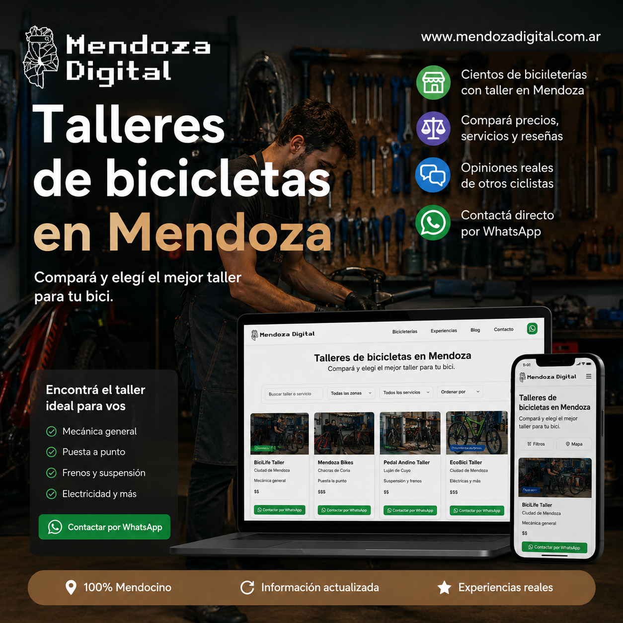 Mecánico trabajando en la reparación de un rodado dentro de un taller de bicicletas profesional, enmarcando una computadora y un celular que muestran el buscador web de servicios técnicos mecánicos con filtros de zonas, junto a un texto promocional de Mendoza Digital.