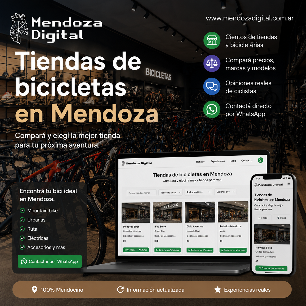 Interior de una tienda de bicicletas moderna con rodados de montaña en exhibición, enmarcando una pantalla de computadora y un celular que muestran el directorio web de bicicleterías con mapas y opciones de contacto, junto a un texto promocional de Mendoza Digital.