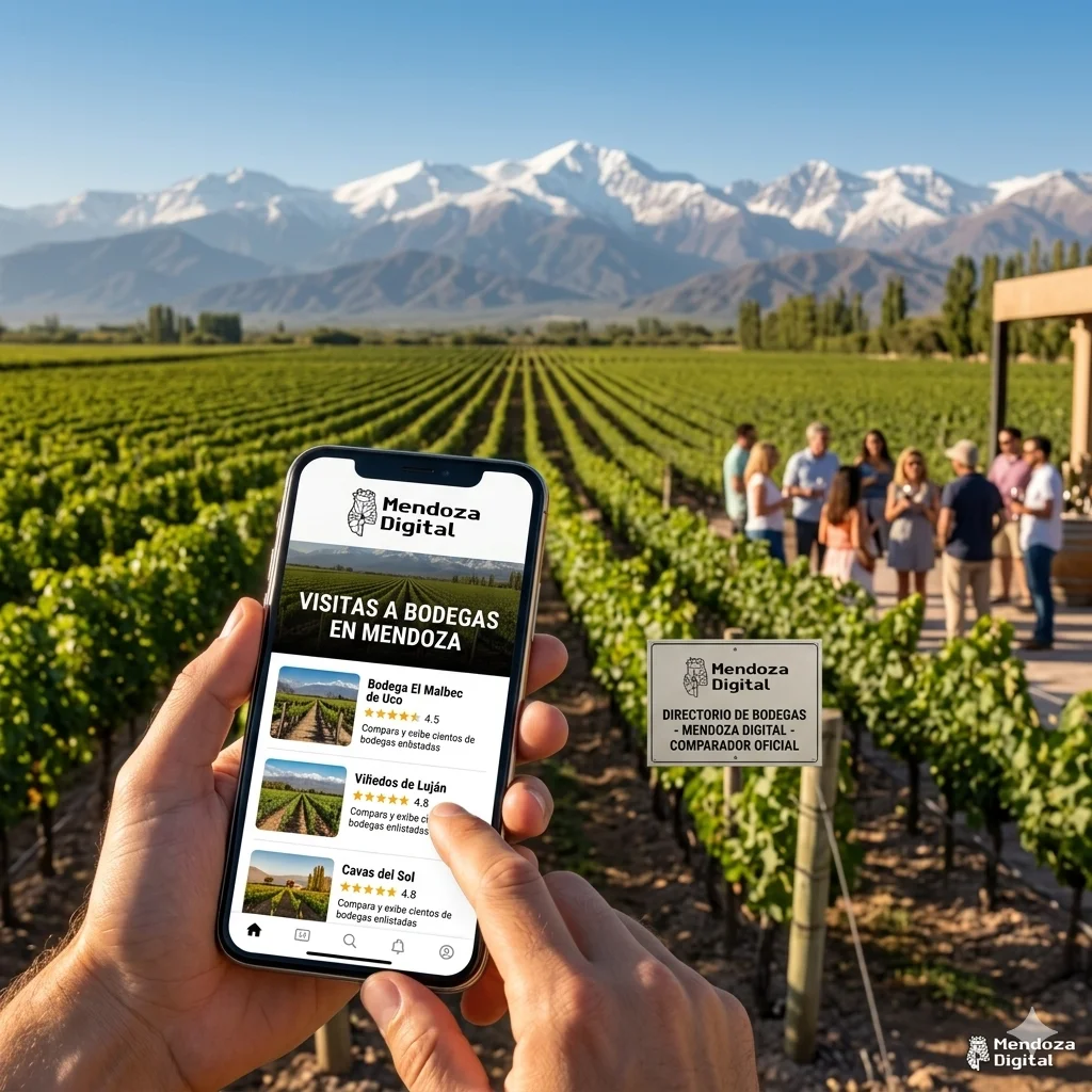 Dos manos sosteniendo un teléfono celular que muestra un comparador oficial de turismo enológico en primer plano frente a un grupo de personas haciendo una degustación en viñedos con montañas nevadas de fondo, ideal para ilustrar la sección de visitas a bodegas en Mendoza de Mendoza Digital.