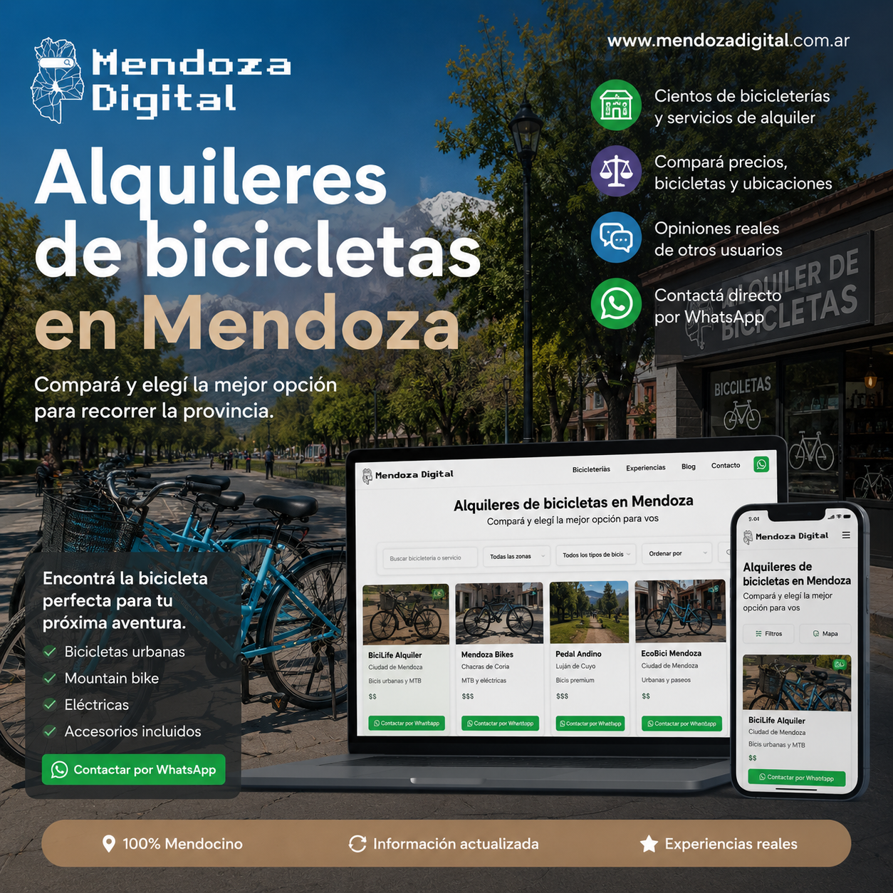 Hilera de bicicletas urbanas y de paseo estacionadas en una calle arbolada de Mendoza, enmarcando las pantallas de una computadora y un celular que muestran el directorio web de servicios de alquiler de rodados, junto a un texto informativo de Mendoza Digital.