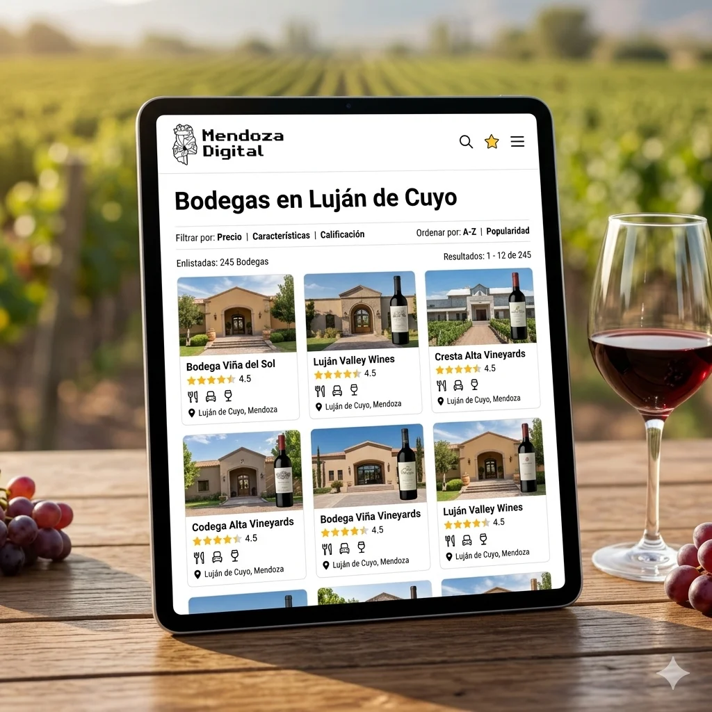 Una tablet sobre una mesa de madera que muestra el listado digital de un buscador comercial junto a una copa de vino tinto y racimos de uvas frente a viñedos difuminados, ideal para ilustrar el directorio de bodegas en Luján de Cuyo de Mendoza Digital.