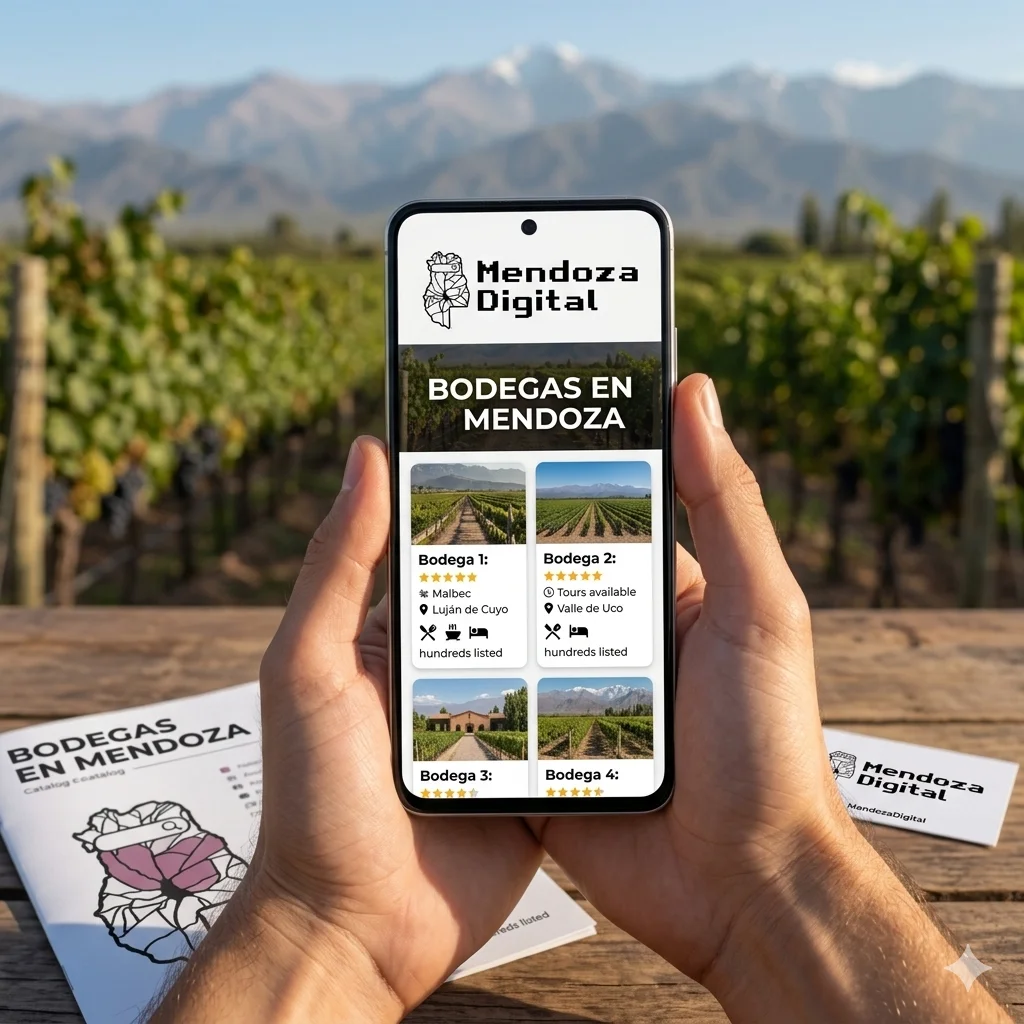 Dos manos sosteniendo un teléfono celular que muestra un catálogo comercial digital sobre una mesa de madera rústica con folletos frente a viñedos extensos y montañas de fondo, ideal para ilustrar la guía principal de bodegas en Mendoza de Mendoza Digital.