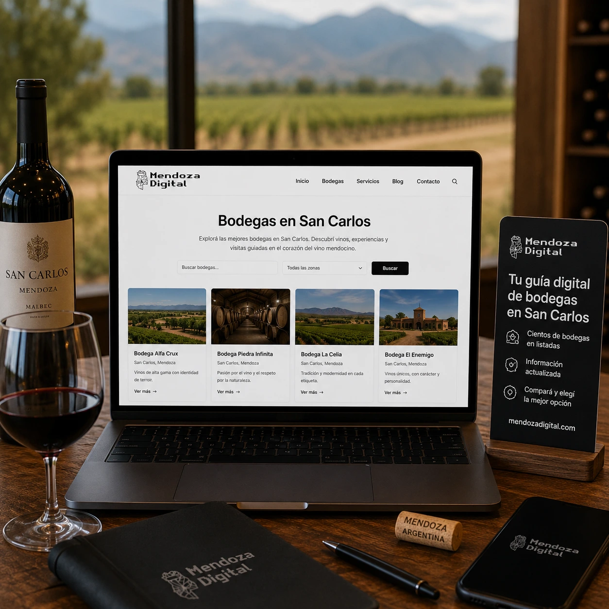 Botella de Malbec y copa de vino tinto sobre un escritorio frente a un ventanal con vista panorámica de viñedos y montañas, enmarcando las pantallas de una computadora y un celular que muestran fichas informativas de establecimientos locales, ideal para ilustrar el directorio de bodegas en San Carlos de Mendoza Digital.