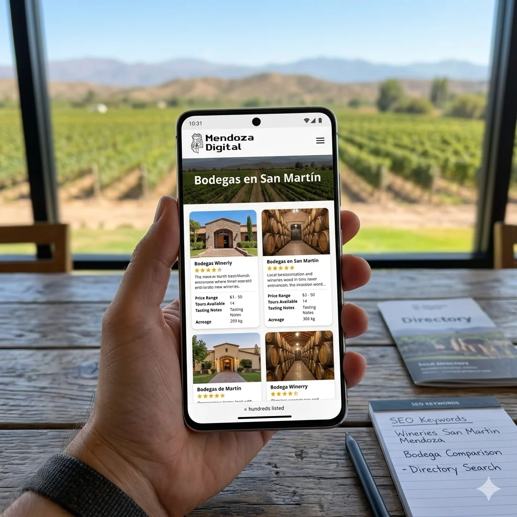 Una mano sosteniendo un teléfono celular que muestra las fichas informativas de un listado comercial digital sobre una mesa de madera frente a un ventanal con vistas a viñedos soleados, ideal para ilustrar el directorio de bodegas en San Martín de Mendoza Digital.