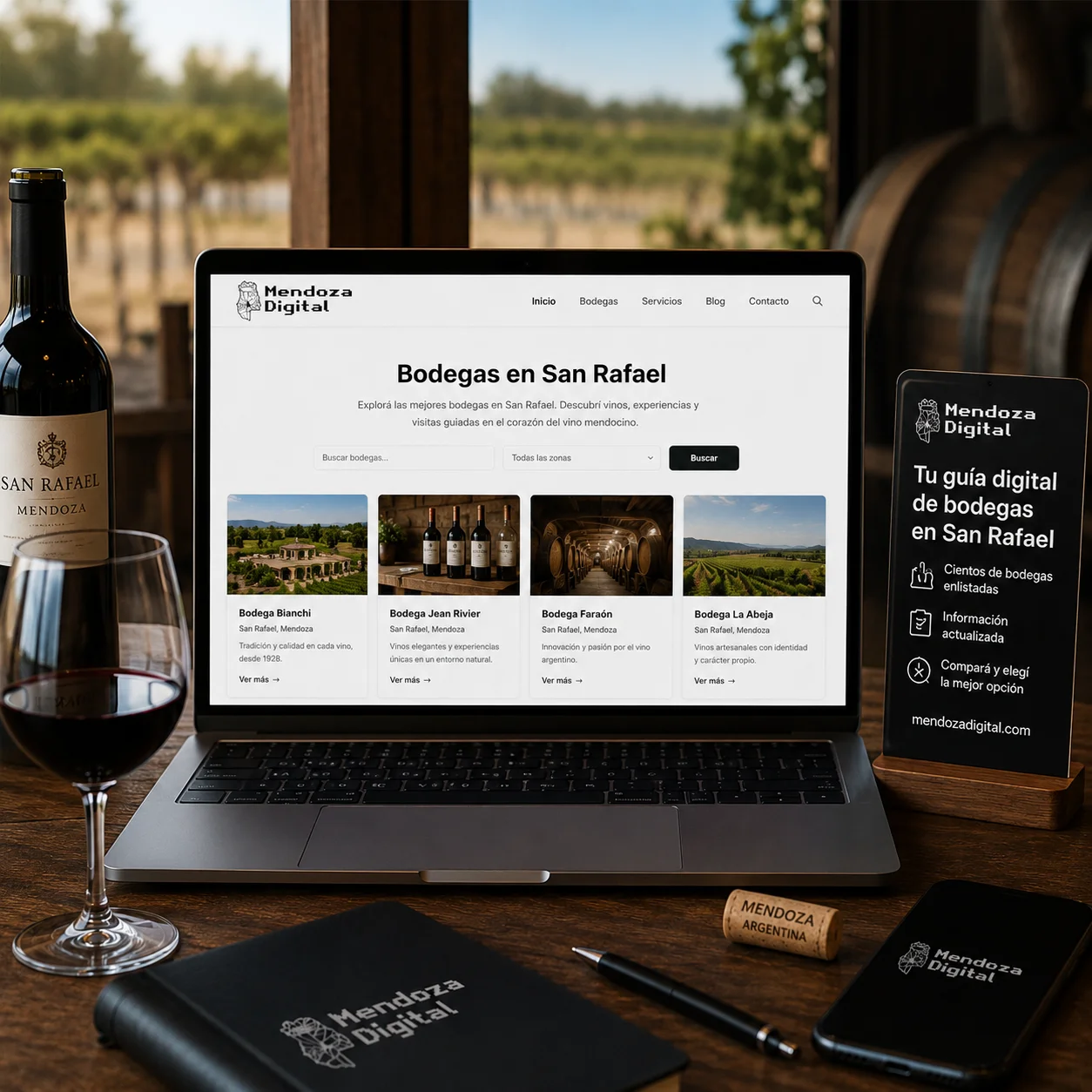 Botella de Malbec y copa de vino tinto sobre un escritorio de madera frente a una cava con barricas de roble, enmarcando una computadora y un celular que muestran el buscador con fichas de establecimientos locales, ideal para ilustrar el directorio de bodegas en San Rafael de Mendoza Digital.