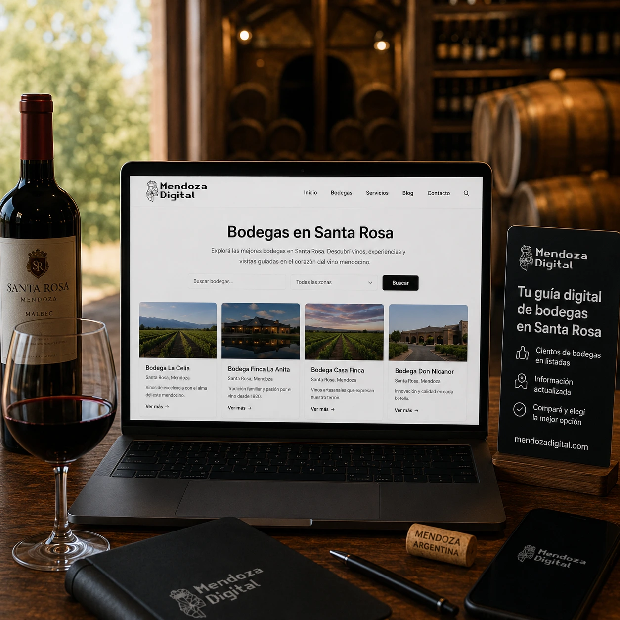 Botella de Malbec y copa de vino tinto servida en un escritorio frente a una cava con barricas de roble, enmarcando las pantallas de una computadora y un celular que muestran fichas informativas de establecimientos locales, ideal para ilustrar el directorio de bodegas en Santa Rosa de Mendoza Digital.