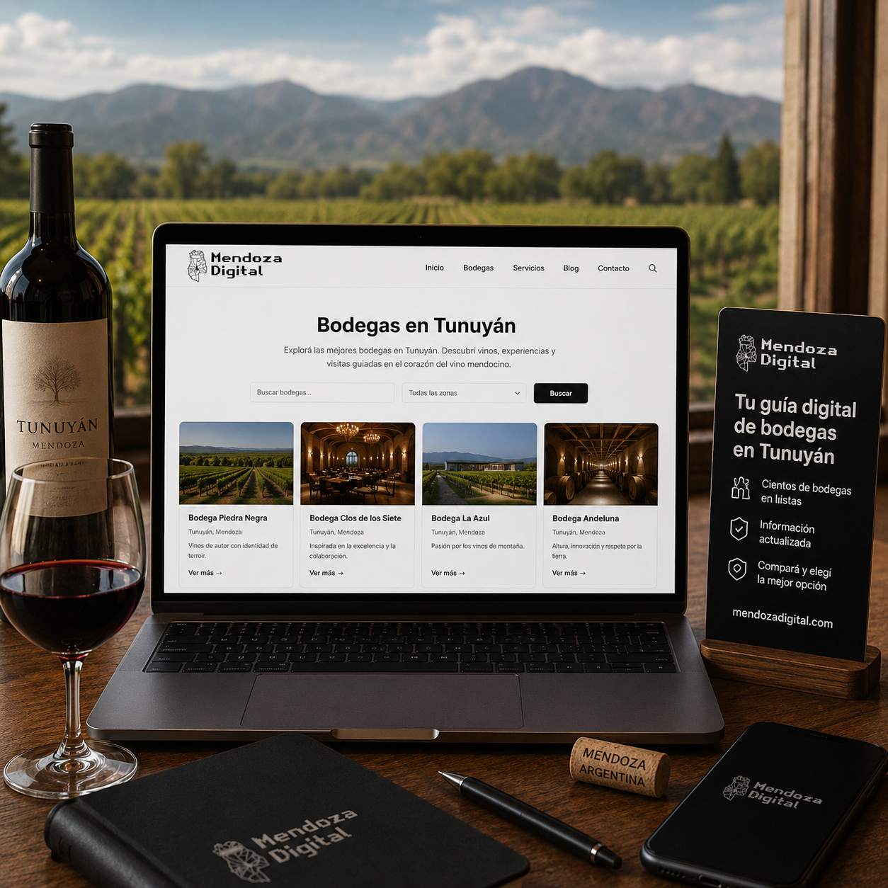 Botella de Malbec y copa de vino tinto sobre un escritorio de madera frente a un ventanal con vistas a viñedos, enmarcando una computadora y un celular que muestran el buscador con fichas de establecimientos locales, ideal para ilustrar el directorio de bodegas en Tunuyán de Mendoza Digital.