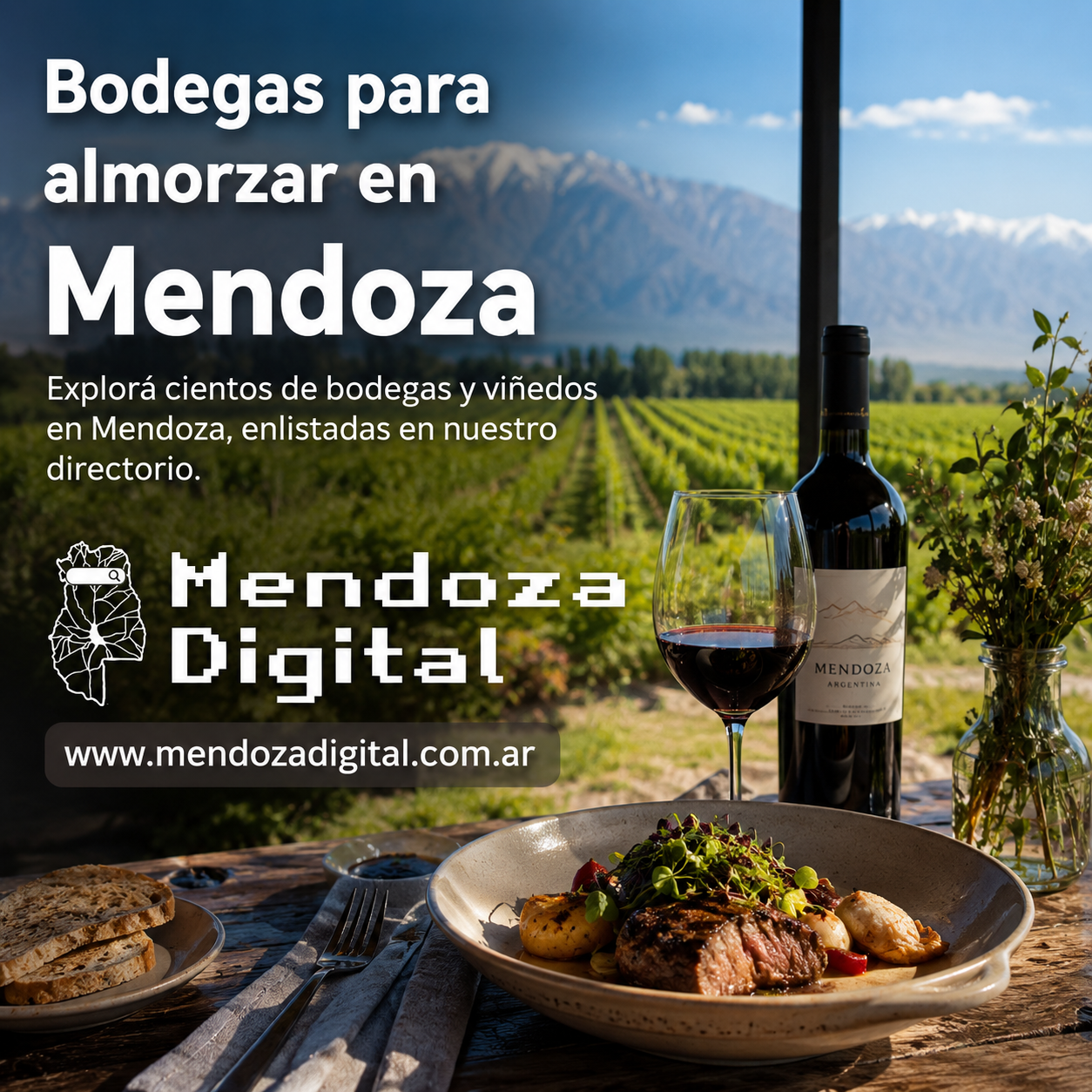 Plato gourmet con carne asada, copa servida y botella de vino sobre una mesa rústica frente a viñedos, ilustrando las opciones de bodegas para almorzar en Mendoza dentro del directorio de Mendoza Digital.