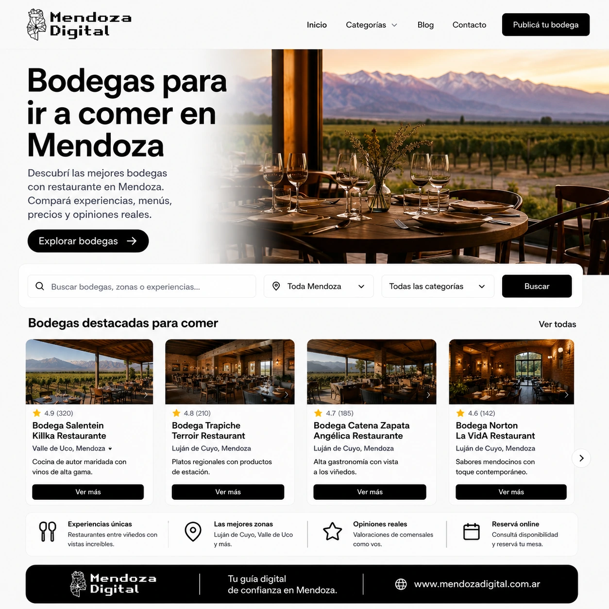 Interior de un sofisticado restaurante de bodega con mesas armadas y copas de vino frente a ventanales que miran a los viñedos, mostrando debajo las opciones gastronómicas de Salentein, Trapiche, Catena Zapata y Norton en Mendoza Digital.