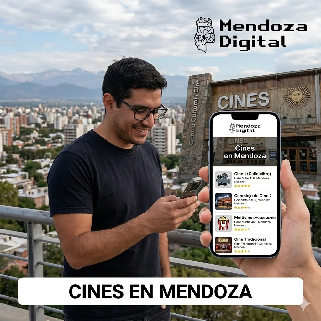 Un hombre con anteojos mira su celular en un balcón frente a una panorámica de la ciudad y las montañas, junto a un smartphone que despliega un listado digital de complejos cinematográficos, ideal para ilustrar la guía de cines en Mendoza de Mendoza Digital.