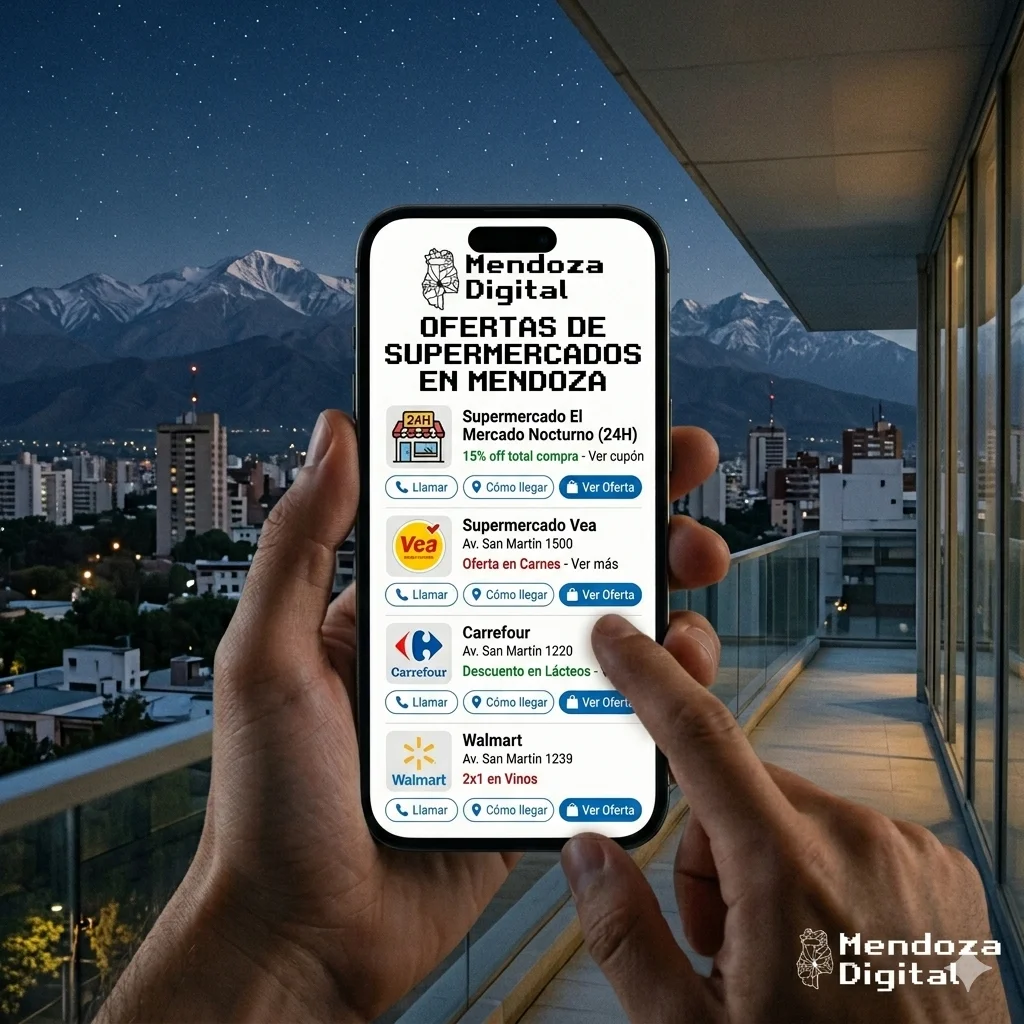 Dos manos sosteniendo un teléfono celular que muestra un listado digital de promociones comerciales frente a una vista urbana de edificios y montañas al atardecer, ideal para ilustrar la sección de ofertas de supermercados en Mendoza de Mendoza Digital.