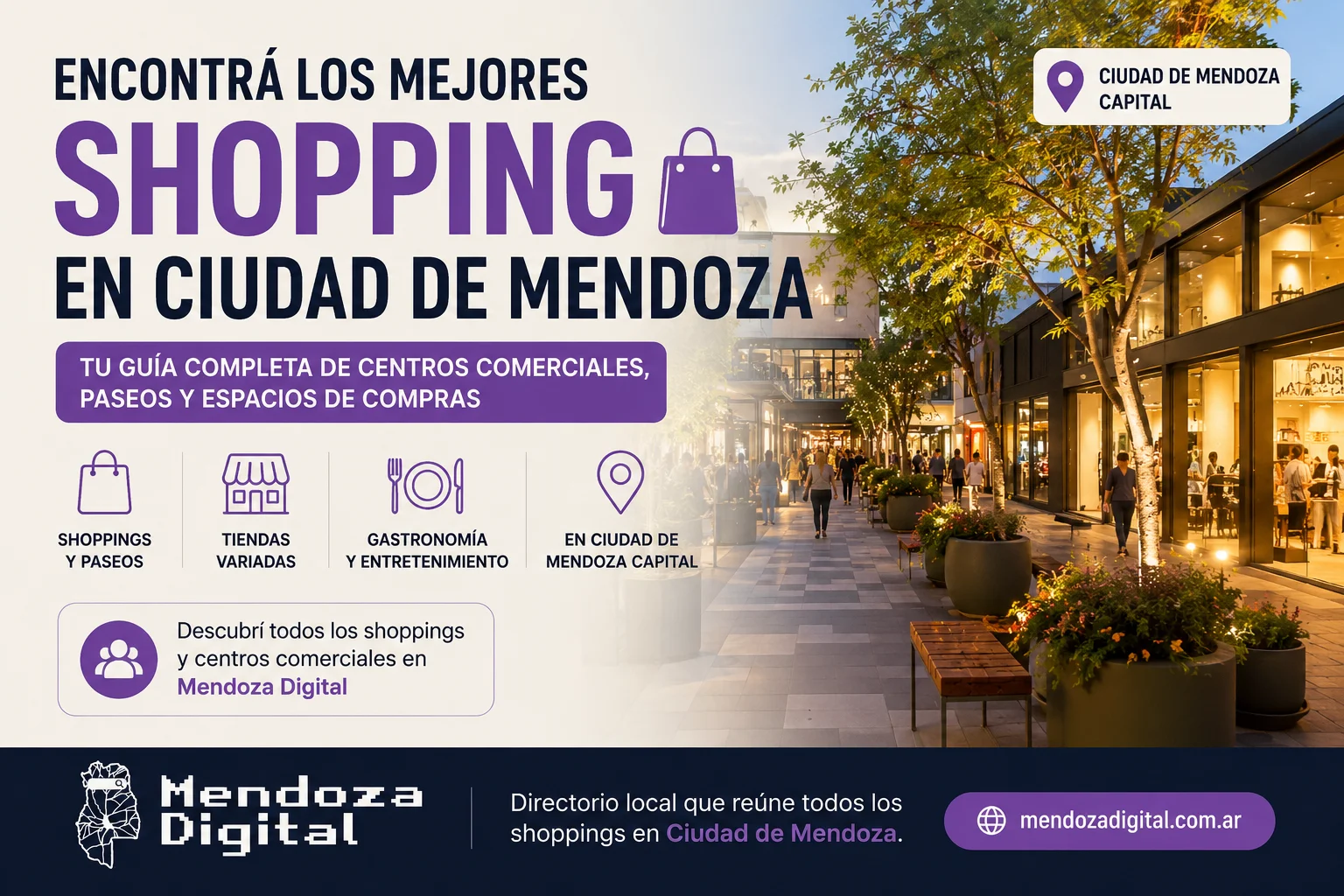Paseo de compras peatonal a cielo abierto en Ciudad de Mendoza durante el atardecer, con árboles, bancos públicos de madera, luminarias encendidas y fachadas de tiendas vidriadas, junto a un texto promocional de la guía completa de centros comerciales de Mendoza Digital.