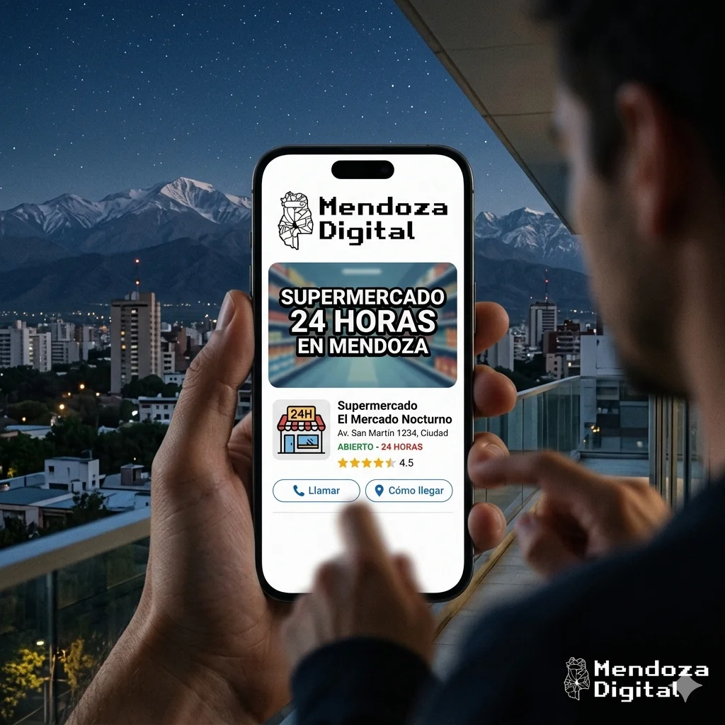 Dos manos sosteniendo un teléfono celular que muestra la ficha técnica de un comercio nocturno abierto frente a un paisaje urbano iluminado de noche con montañas de fondo, ideal para ilustrar la sección de supermercado 24 horas en Mendoza de Mendoza Digital.
