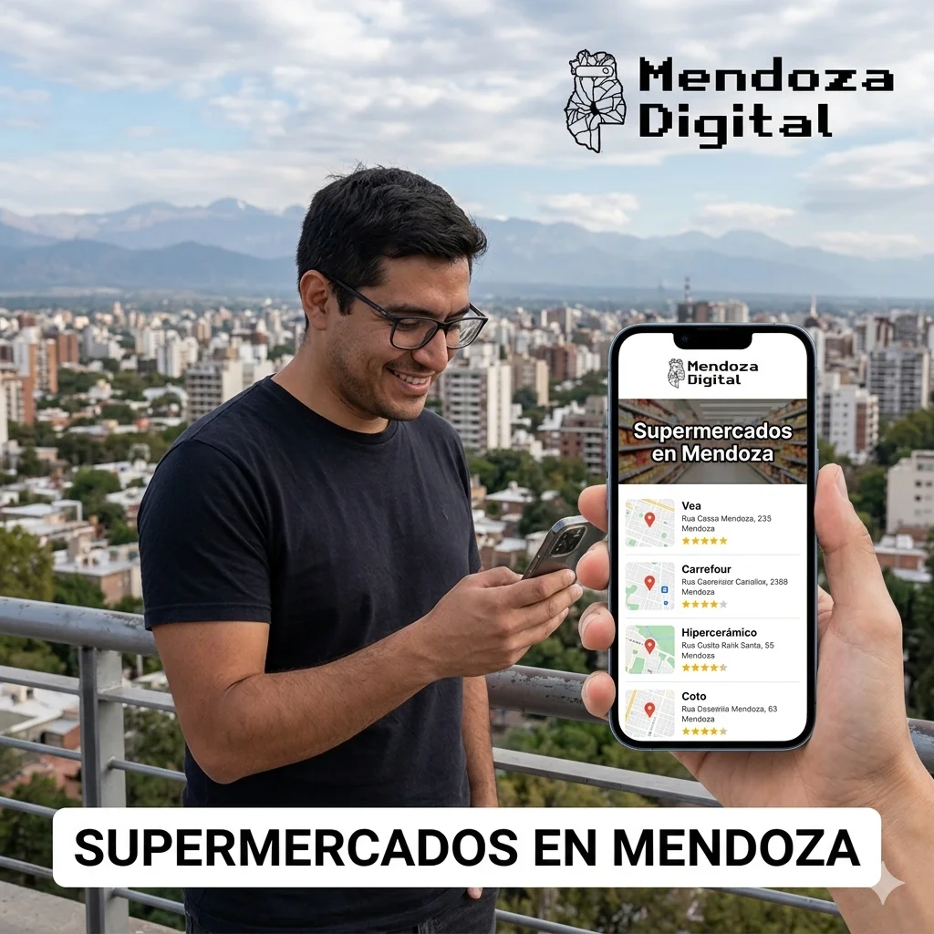 Un hombre con anteojos consulta su celular en una terraza con vista panorámica a la ciudad y la precordillera, junto a un smartphone en primer plano que muestra un buscador web de grandes tiendas de abastecimiento, ideal para ilustrar la guía de supermercados en Mendoza de Mendoza Digital.