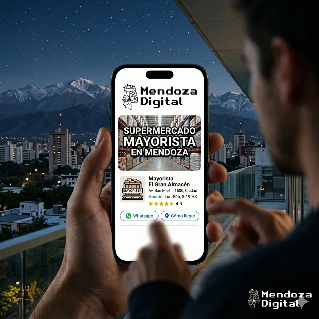 Dos manos sosteniendo un teléfono celular que muestra una ficha técnica de un centro de abastecimiento comercial frente a un paisaje urbano nocturno con montañas nevadas de fondo, ideal para ilustrar el listado de supermercados mayoristas en Mendoza de Mendoza Digital.
